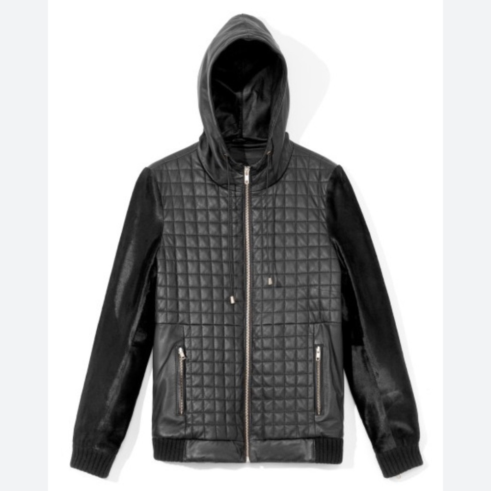 Jonathan Simkhai leather and fur zip up jacket with hood